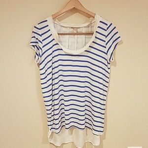 🩶5/$30 Bordeaux Hi-low Open Back Cream Blue Striped Short Sleeve Top Size Small